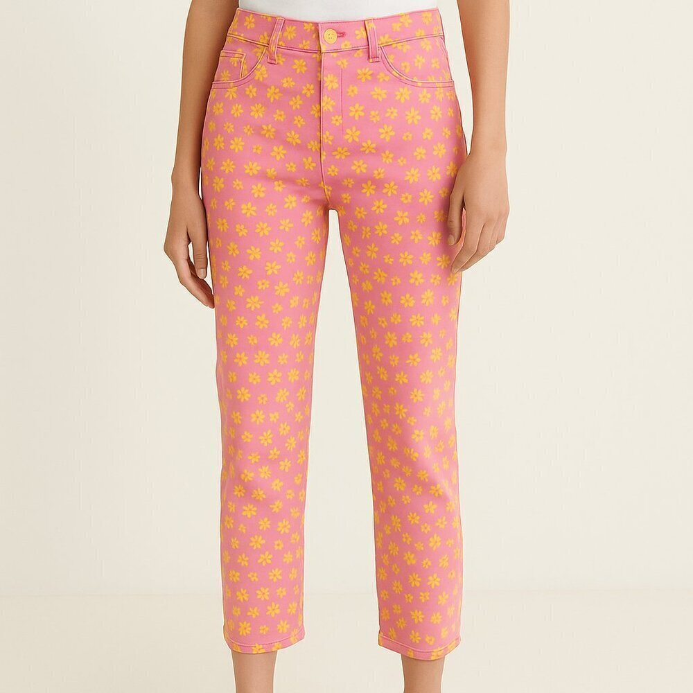 Zara Floral Straight Leg Ankle Jeans Coral Pink Yellow Flowers Size 6